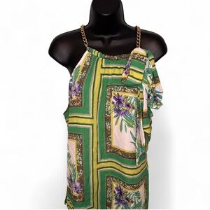 New York & Company Green and Cream Floral Blouse